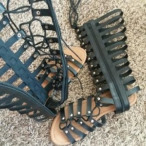 High black zip/ tie sandals